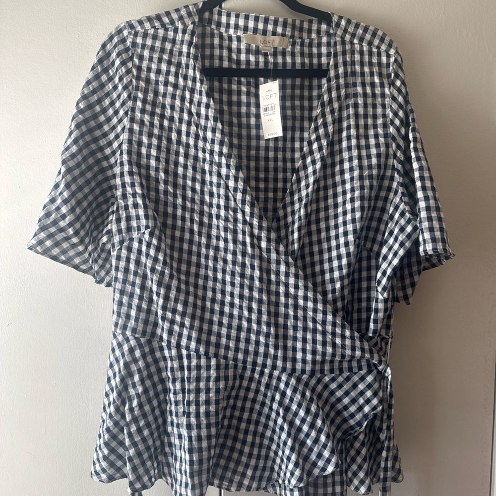 LOFT Gingham Wrap Top Navy White Peplum Tie Waist NWT XXL - Picture 2 of 5